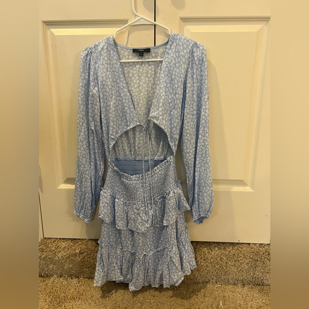 Cheery Cutie Light Blue Floral Print Tie-Front Tiered Mini Dress - Picture 4 of 6